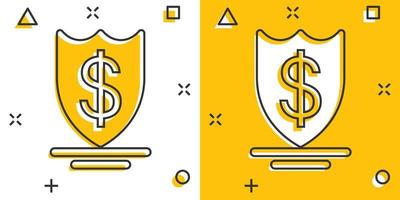 bouclier avec l'icône de l'argent dans le style comique. illustration de vecteur de dessin animé de protection de trésorerie sur fond blanc isolé. concept d'entreprise effet splash bancaire.
