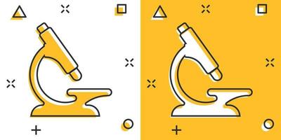 icône de microscope dans le style comique. illustration de vecteur de dessin animé de loupe de laboratoire sur fond isolé. concept d'entreprise de signe d'effet d'éclaboussure d'instrument de biologie.