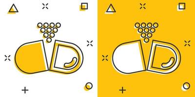 icône de note de pilule de vitamine dans le style comique. illustration de vecteur de dessin animé de capsule sur fond blanc isolé. concept d'entreprise de signe d'effet d'éclaboussure d'antibiotique.