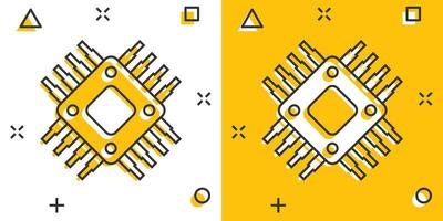 icône du processeur de l'ordinateur dans le style comique. illustration de vecteur de dessin animé de carte de circuit imprimé sur fond blanc isolé. concept d'entreprise d'effet d'éclaboussure de puce de carte mère.