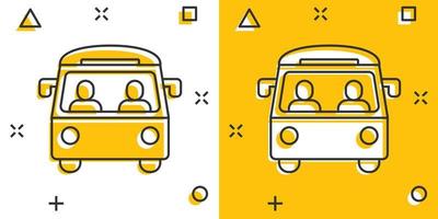 icône de bus dans le style comique. illustration vectorielle de dessin animé d'entraîneur sur fond blanc isolé. concept d'entreprise d'effet d'éclaboussure de véhicule autobus. vecteur