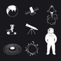 jeu d'icônes d'astronautique. blanc sur fond noir vecteur