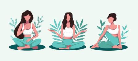 illustration vectorielle de menthe turquoise palette yoga set pour les filles faisant du yoga et de la méditation sans visage vecteur