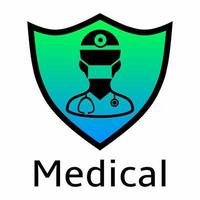 illustration vectorielle du logo de protection du médecin. symbole de médecin et de bouclier. médecin vert bleu avec stéthoscope et masque en icône blindée. création de logo médical moderne vecteur