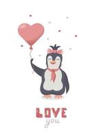 dessin animé mignon tombant amoureux pingouin pour carte de voeux saint valentin avec lettrage. personnage de fille de vecteur avec un ballon à air sous la forme d'un coeur qui vole dans le ciel