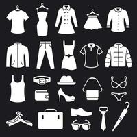 ensemble d'icônes de magasin de vêtements. blanc sur fond noir vecteur