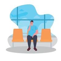 homme assis sur une chaise sur le terminal de l'aéroport, passager au terminal de l'aéroport avec bagages vecteur