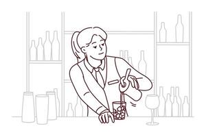 barman en uniforme faisant un cocktail au bar. serveuse souriante faire boire au restaurant au comptoir. alcool et boisson. illustration vectorielle. vecteur