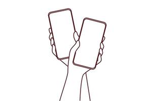 gros plan de mains de couple tenant des téléphones portables avec des écrans de maquette envoyant des SMS en ligne sur des gadgets. homme et femme avec smartphones et communication internet. illustration vectorielle. vecteur