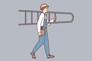 un réparateur professionnel en salopette porte un escabeau sur l'épaule en direction du lieu de travail. un constructeur dans un casque de protection avec des outils de réparation sur la ceinture tient l'échelle. illustration vectorielle plane vecteur