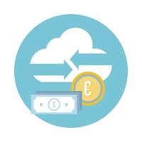 billets d'un dollar et pièces en euros avec l'icône de style de bloc de nuage vecteur