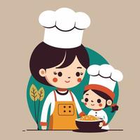 illustration de la femme et de la petite fille avec toque et tablier de cuisine style de couleur plat ensemble vecteur