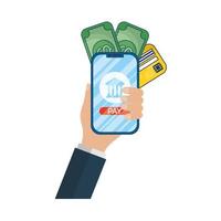 commerce électronique en ligne avec la main en utilisant un smartphone avec de l'argent vecteur