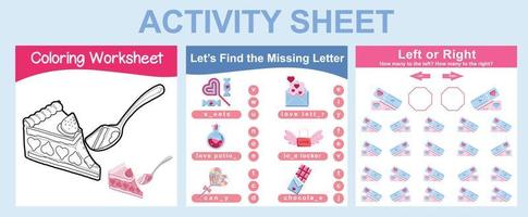 Feuille d'activités 3 en 1 pour les enfants. feuille de travail imprimable éducative. feuille de travail à colorier, trouver la lettre manquante, comptage mathématique à gauche ou à droite. fichier vectoriel. vecteur