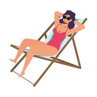 belle femme portant maillot de bain et assis dans une chaise de plage vecteur