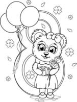 coloriage. un ours mignon de bande dessinée avec des fleurs, des cadeaux, des ballons et le numéro 8 vecteur