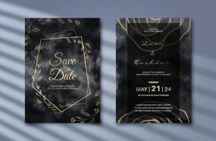 invitation de mariage luxueuse avec décoration florale dorée et fond noir abstrait. modèle d'invitation esthétique avec une belle décoration vecteur