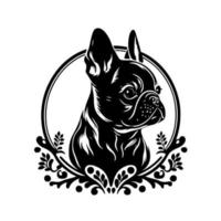portrait de chien dans un cadre ornemental, race de bouledogue français. vecteur monochrome pour le logo, l'emblème, la mascotte, la broderie, la combustion du bois, l'artisanat.
