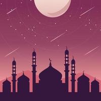 silhouette de mosquée la nuit avec la lune et la pluie de météorites adaptée à l'illustration du thème islamique vecteur