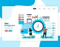 vecteur de page de destination de la gestion du temps et de la planification des travaux, projeter, planifier et gérer le travail à temps, manque de temps dans les affaires, travailler avec le temps. illustration pour site Web, applications mobiles, page d'accueil, flyer, carte