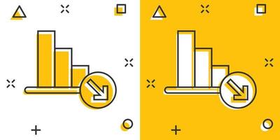 icône de tendance du marché dans le style comique. flèche de déclin avec illustration de vecteur de dessin animé de loupe sur fond blanc isolé. diminuer le concept d'entreprise d'effet d'éclaboussure.