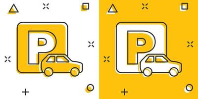 icône de parking dans le style comique. illustration de vecteur de dessin animé de support automatique sur fond blanc isolé. concept d'entreprise effet splash roadsign.