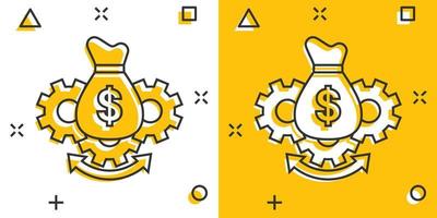 icône d'optimisation de l'argent dans le style comique. illustration de vecteur de dessin animé efficace engrenage sur fond blanc isolé. concept d'entreprise d'effet d'éclaboussure de processus financier.