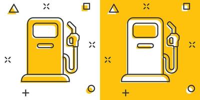 icône de la pompe à carburant dans le style comique. illustration vectorielle de signe de dessin animé de station-service sur fond blanc isolé. concept d'entreprise d'effet d'éclaboussure d'essence. vecteur