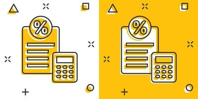 icône de paiement d'impôt dans le style comique. illustration de vecteur de dessin animé de facture budgétaire sur fond blanc isolé. calculer le concept d'entreprise de l'effet d'éclaboussure du document.