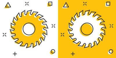 icône de lame de scie dans le style comique. illustration de vecteur de dessin animé de machine circulaire sur fond blanc isolé. concept d'entreprise d'effet d'éclaboussure de disque rotatif.
