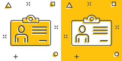 icône de carte d'identité dans le style comique. illustration vectorielle de dessin animé d'étiquette d'identité sur fond blanc isolé. concept d'entreprise d'effet d'éclaboussure de permis de conduire. vecteur