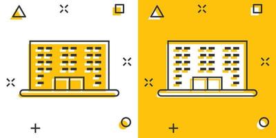 icône de bâtiment dans le style comique. ville gratte-ciel appartement dessin animé illustration vectorielle sur fond blanc isolé. concept d'entreprise d'effet d'éclaboussure de la tour de la ville. vecteur