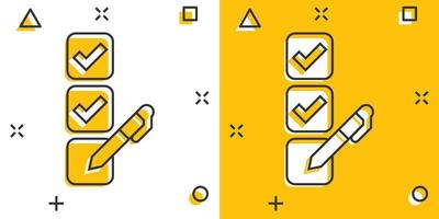 icône de document de liste de contrôle dans le style comique. illustration de vecteur de dessin animé d'enquête sur fond blanc isolé. coche choix concept d'entreprise effet splash.