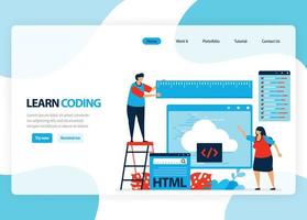 page d'accueil vectorielle pour l'apprentissage de la programmation et du codage. développement d'applications avec un langage de programmation simple. illustration plate pour page de destination, modèle, ui ux, web, application mobile, bannière, flyer vecteur