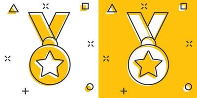 icône de la médaille dans le style comique. illustration vectorielle de signe de dessin animé de prix sur fond blanc isolé. concept d'entreprise d'effet d'éclaboussure de prix de trophée. vecteur