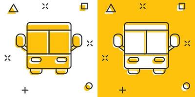 icône de bus dans le style comique. illustration vectorielle de dessin animé d'entraîneur sur fond blanc isolé. concept d'entreprise d'effet d'éclaboussure de véhicule autobus. vecteur