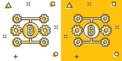 icône bitcoin dans le style comique. illustration de vecteur de dessin animé blockchain sur fond blanc isolé. concept d'entreprise d'effet d'éclaboussure de crypto-monnaie.