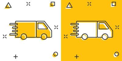 icône de camion dans le style comique. illustration de vecteur de dessin animé de livraison automatique sur fond blanc isolé. concept d'entreprise d'effet d'éclaboussure d'automobile de camion.