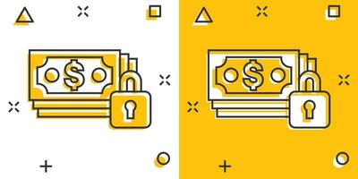 billet en dollars avec icône de verrouillage dans le style comique. illustration de vecteur de dessin animé sûr dollar cash sur fond blanc isolé. concept d'entreprise d'effet d'éclaboussure de sécurité de billet de banque.