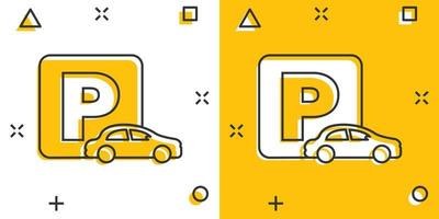 icône de parking dans le style comique. illustration de vecteur de dessin animé de support automatique sur fond blanc isolé. concept d'entreprise effet splash roadsign.