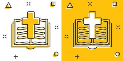 icône de livre biblique dans le style comique. illustration vectorielle de dessin animé de foi d'église sur fond blanc isolé. concept d'entreprise d'effet d'éclaboussure de spiritualité. vecteur