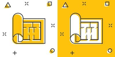 icône de plan de chambre dans le style comique. illustration de vecteur de dessin animé de plan directeur sur fond isolé blanc. concept d'entreprise d'effet d'éclaboussure de projet de maison.