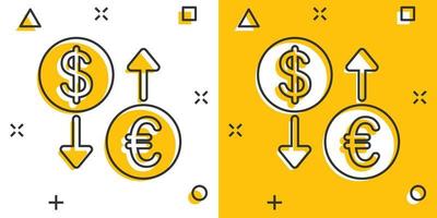 icône de change dans le style comique. illustration de vecteur de dessin animé de transfert dollar euro sur fond blanc isolé. concept d'entreprise d'effet d'éclaboussure de processus financier.