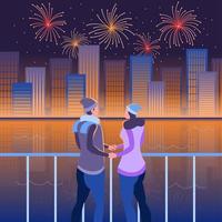 un couple romantique regardant des feux d'artifice au bord de la rivière vecteur