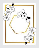 modèle monochrome de carte élégante d'invitation de mariage floral botanique de vecteur. fleur de cerisier et cadre géométrique doré. design romantique pour carte de voeux, cosmétiques naturels, produits pour femmes vecteur