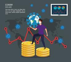 infographie de l & # 39; impact de l & # 39; économie par covid 19 avec un homme et une pile de pièces vecteur