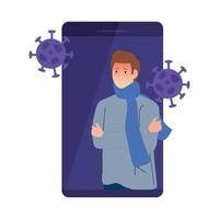 homme malade dans un smartphone avec des particules covid19 vecteur