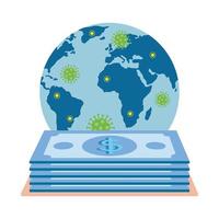 planète mondiale avec des particules covid 19 et des factures de pile vecteur