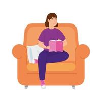jeune femme, séjour à la maison, livre lecture, dans, sofa vecteur