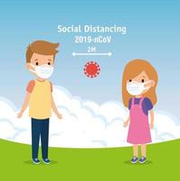 campagne de distanciation sociale pour covid 19 avec des enfants utilisant un masque facial vecteur